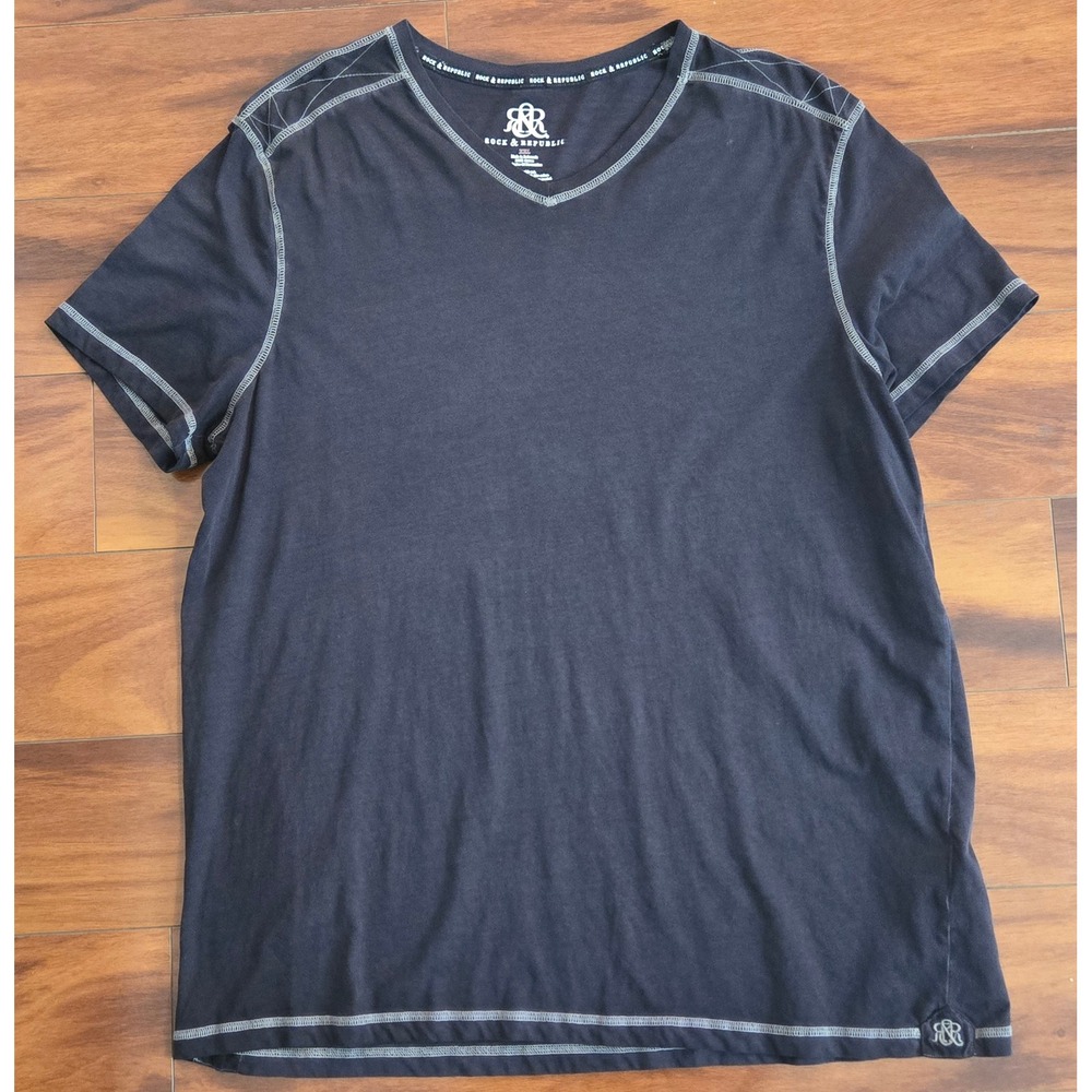 Rock & Republic Mens XXL Black V-Neck T-Shirt Contrast Stitch Cotton Tee